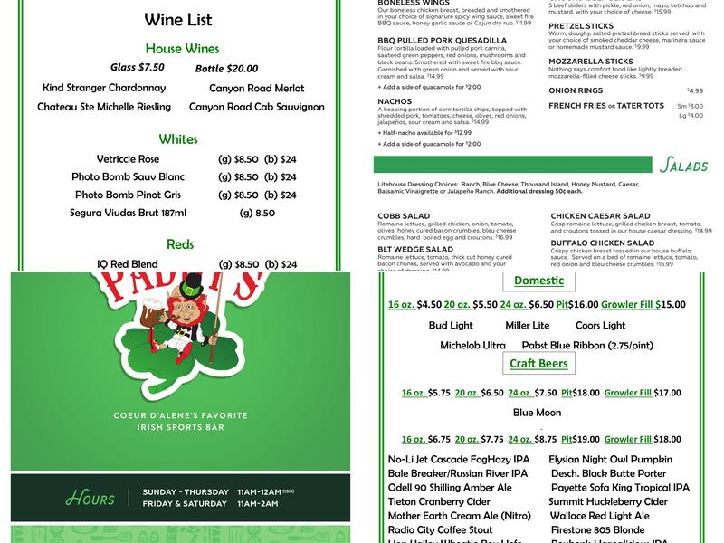 Paddy's Sports Bar Menu