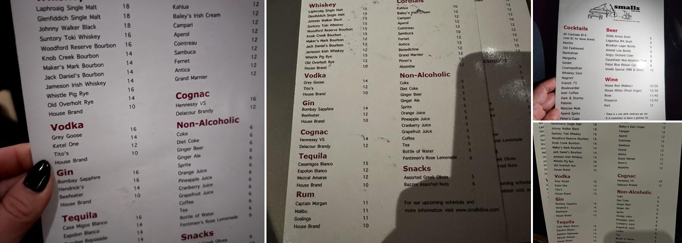 Smalls Jazz Club Menu