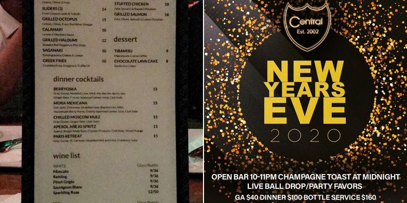 Central Bar Lounge Menu