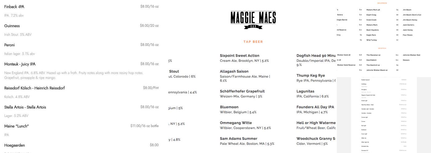 Maggie Mae's Bar Menu