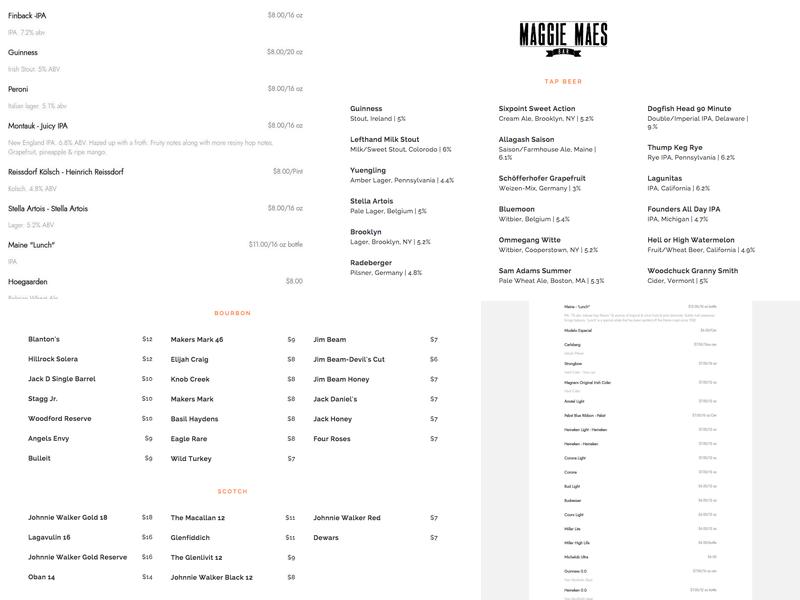 Maggie Mae's Bar Menu