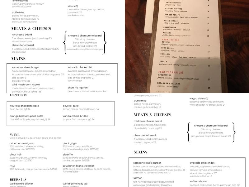 The Bar Downstairs and Kitchen Menu