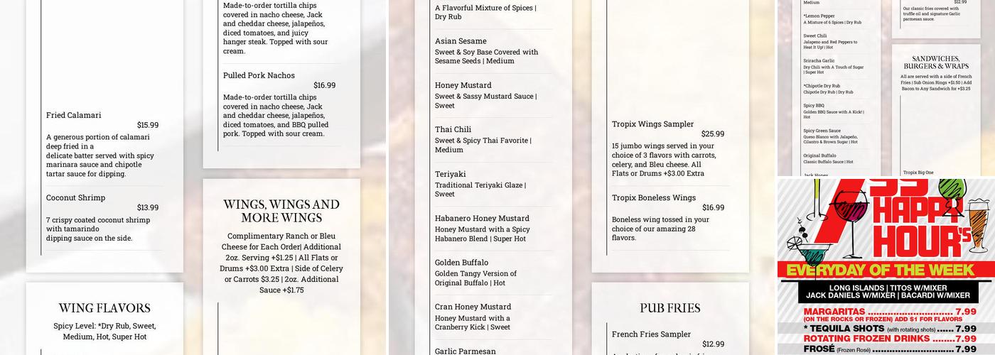 Tropix Bar & Lounge Menu
