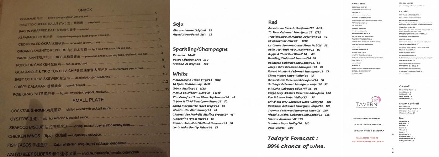 Tavern 157 Menu