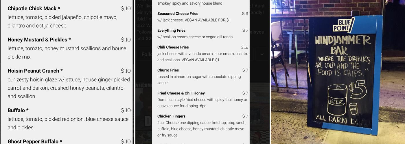 Windjammer Bar Menu