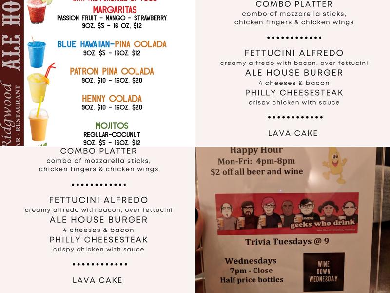 The Ridgewood Ale House Menu