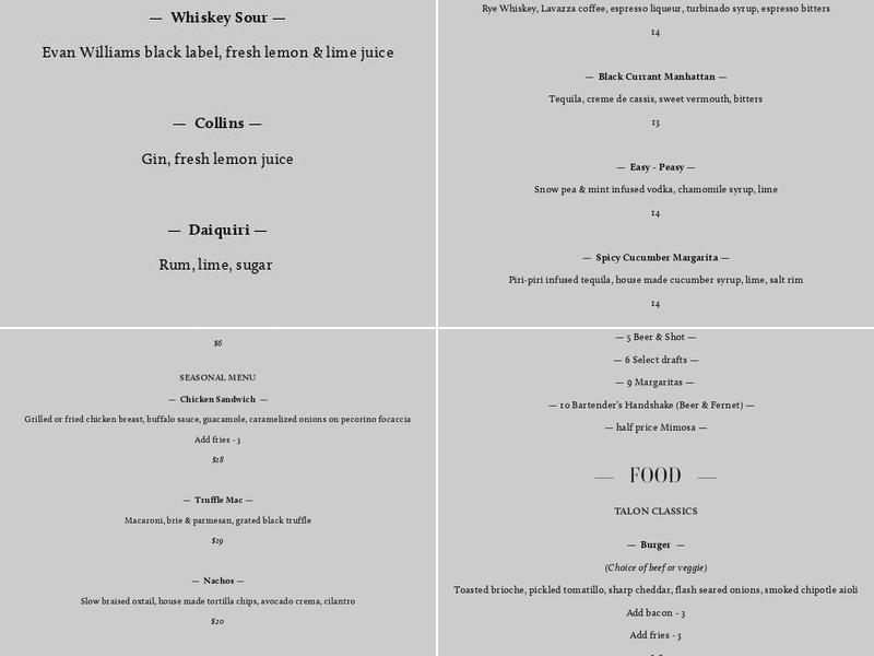Talon Bar Menu