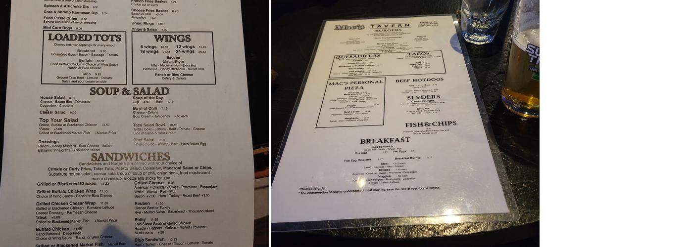 Mac's Tavern Menu