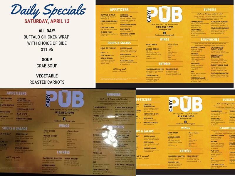 The Cary Pub Menu