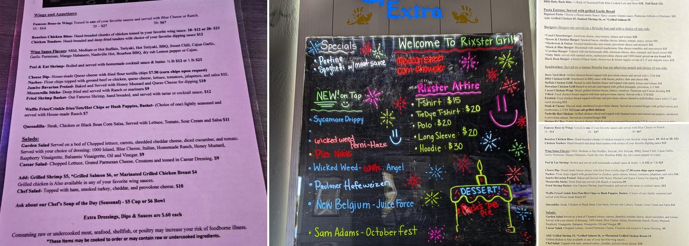 Rixster Grill Menu