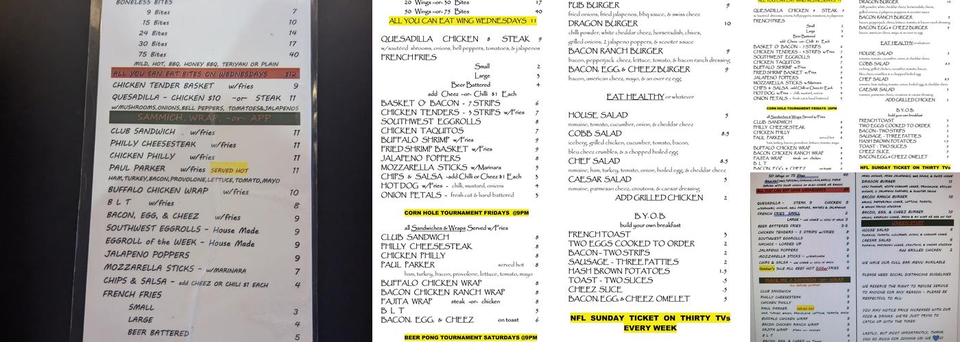 Anytime Billiards Menu