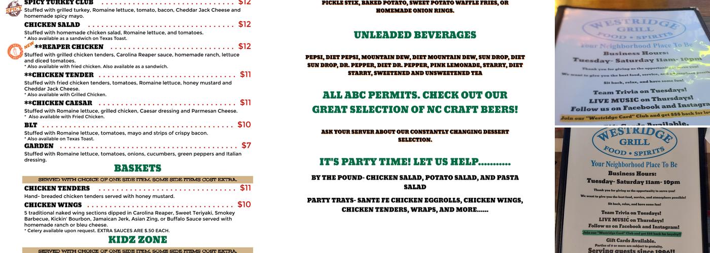 Westridge Grill Menu