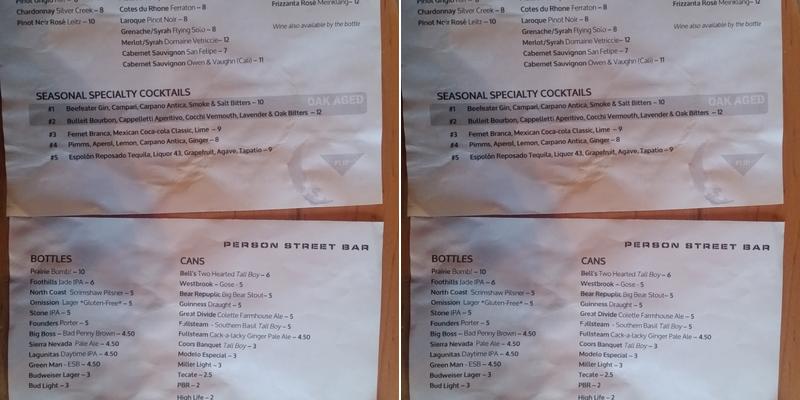 Person Street Bar Menu