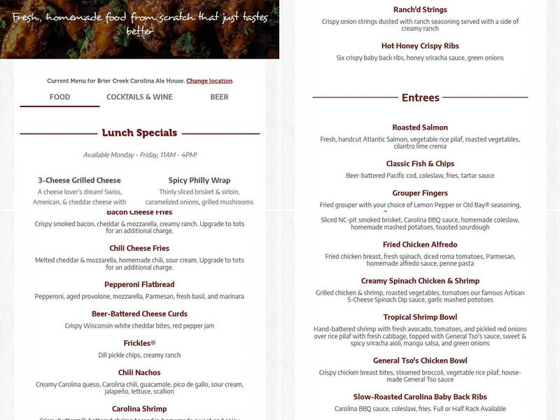 Carolina Ale House - Brier Creek Menu