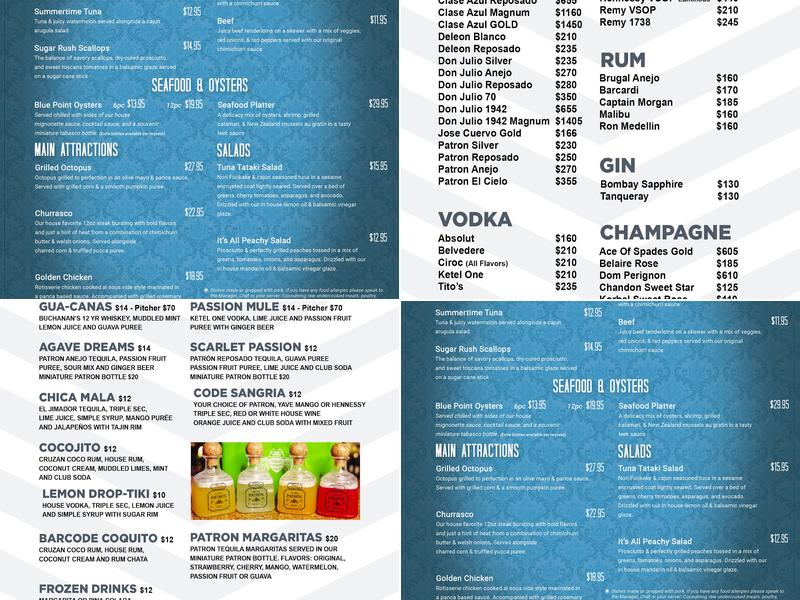 BarCode Entertainment Complex Menu