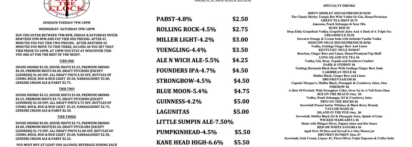 Ale 'N 'Wich Pub Menu
