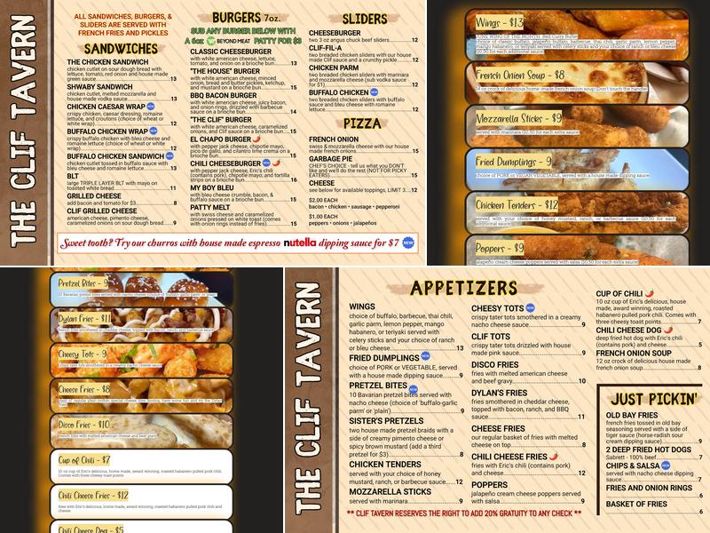 The Clif Tavern Menu