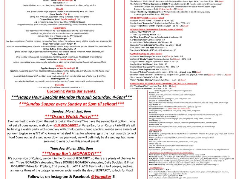 Varga Bar Menu