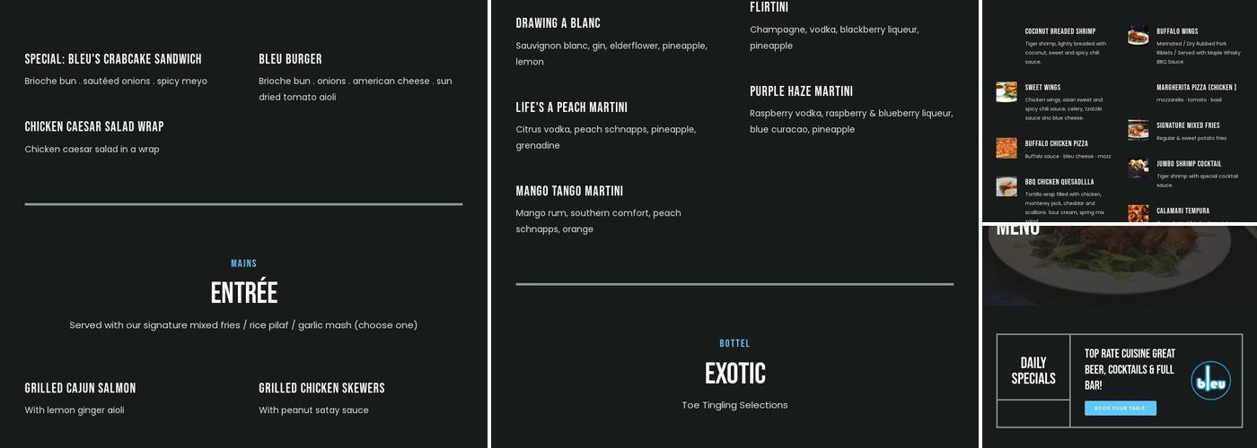 Bleu Martini Menu