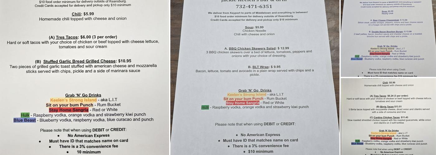 Jackie Keelen's Bar & Liquor Store Menu