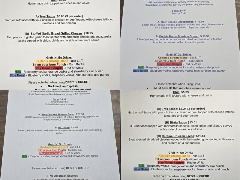 Jackie Keelen's Bar & Liquor Store Menu