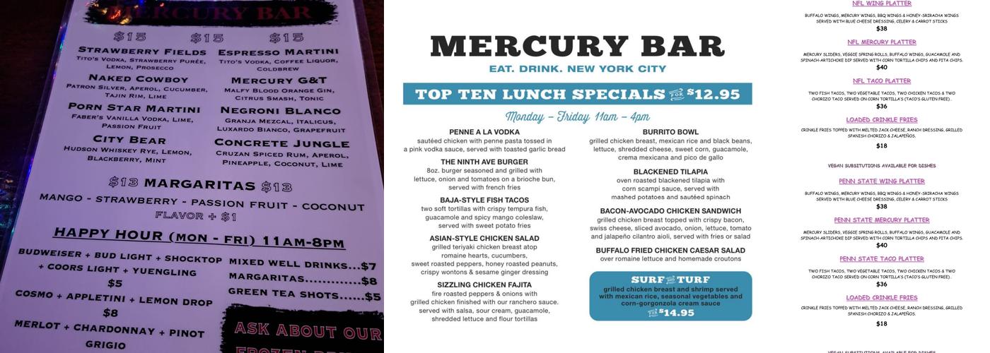 Mercury Bar West Menu