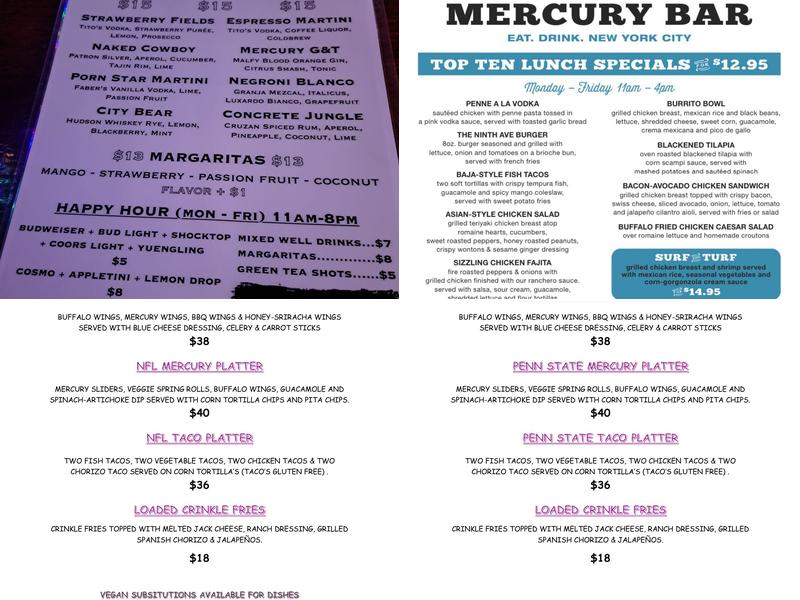 Mercury Bar West Menu