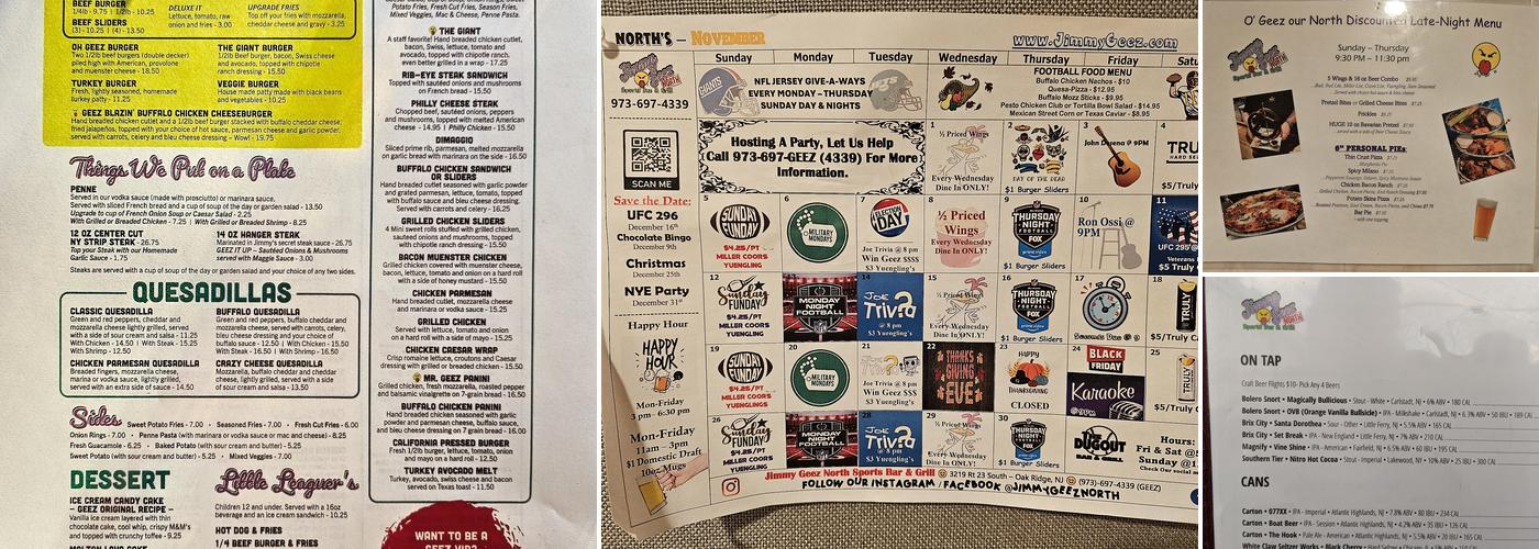 Jimmy Geez North Menu