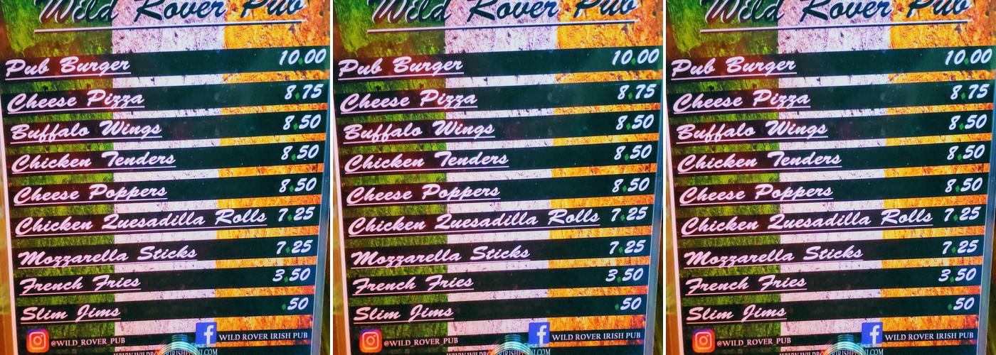 Wild Rover Pub Menu