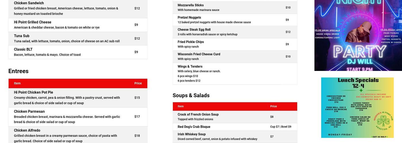 Reddog's Hi Point Pub Menu