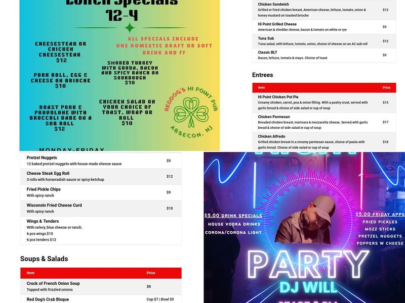 Reddog's Hi Point Pub Menu