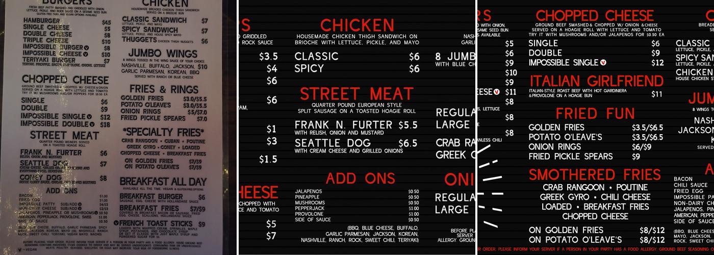 O'Leaver's Pub Menu