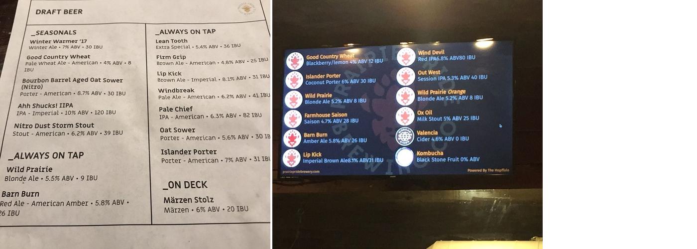 Prairie Pride Brewing Co. Menu