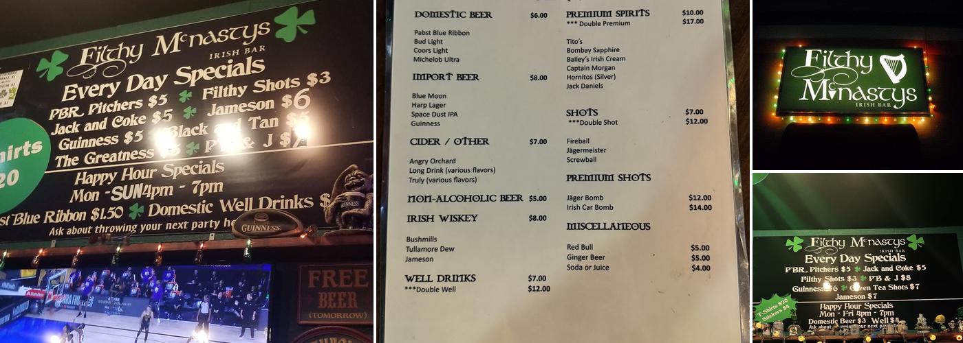 Filthy Mcnasty's Irish Bar Menu