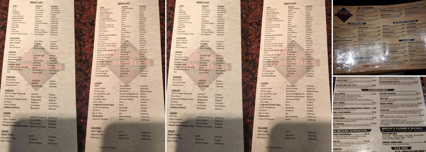 Billy's Long Bar Menu