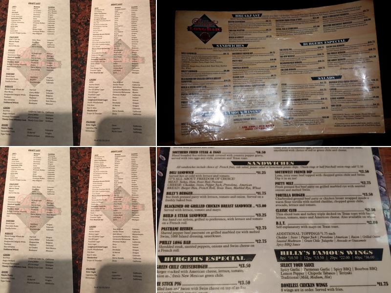 Billy's Long Bar Menu