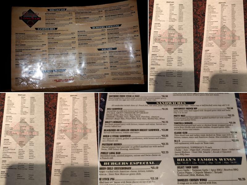 Billy's Long Bar Menu
