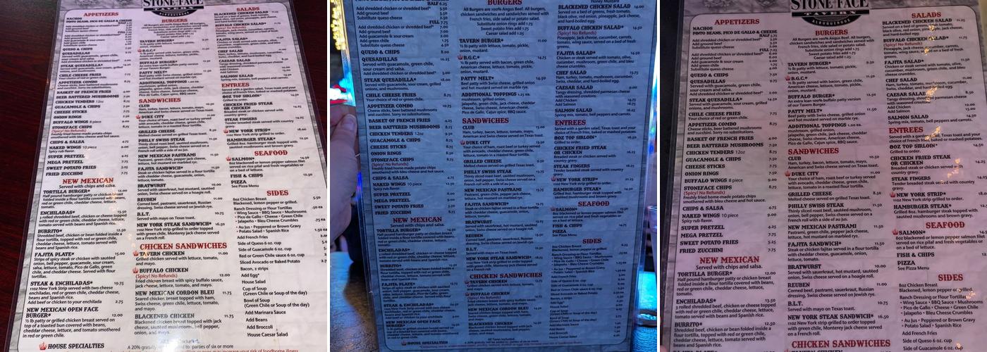 StoneFace Package Liquor Menu