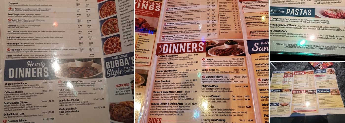 Bubba's 33 Menu