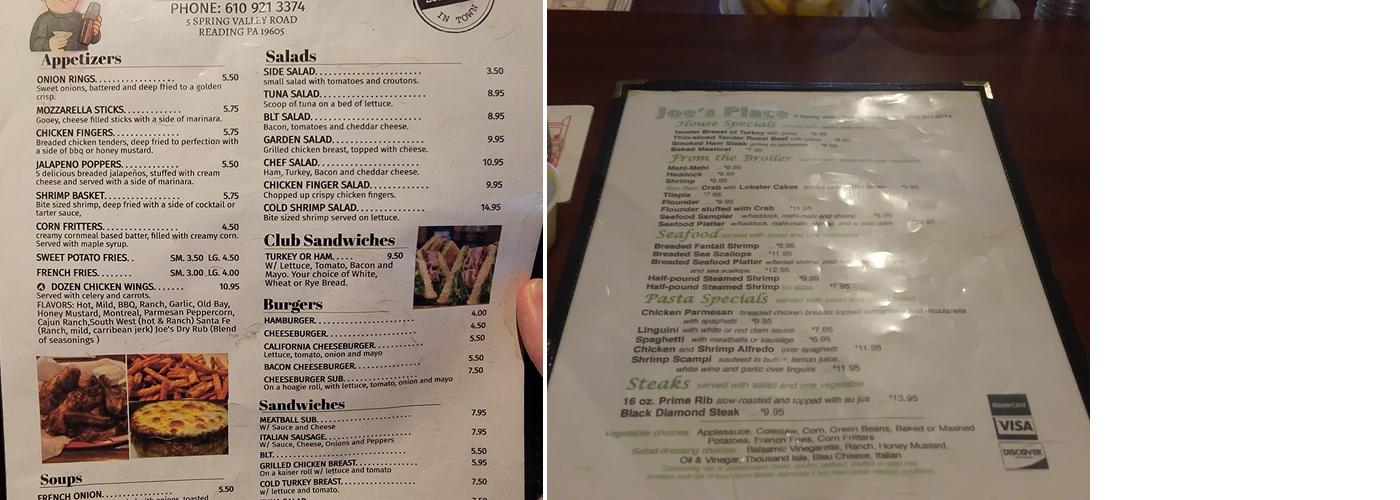 Joe's Place Menu