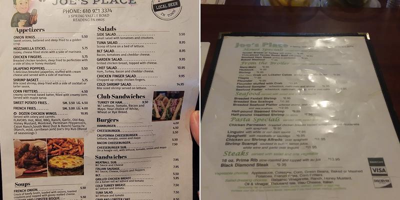 Joe's Place Menu