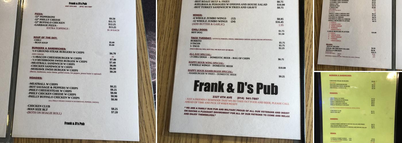 Frank & D's Pub Menu
