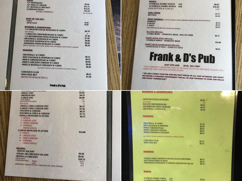 Frank & D's Pub Menu