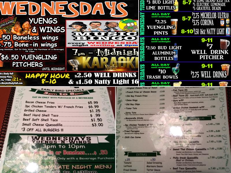 Murph's Study Hall Menu