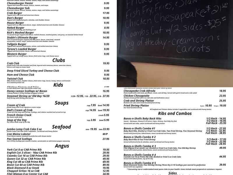 Coomb's Tavern / Bones n Shells Menu