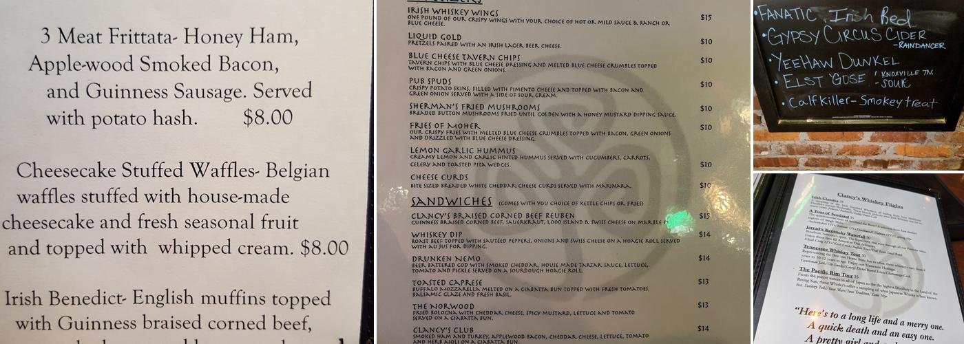 Clancy's Tavern & Whiskey House Menu