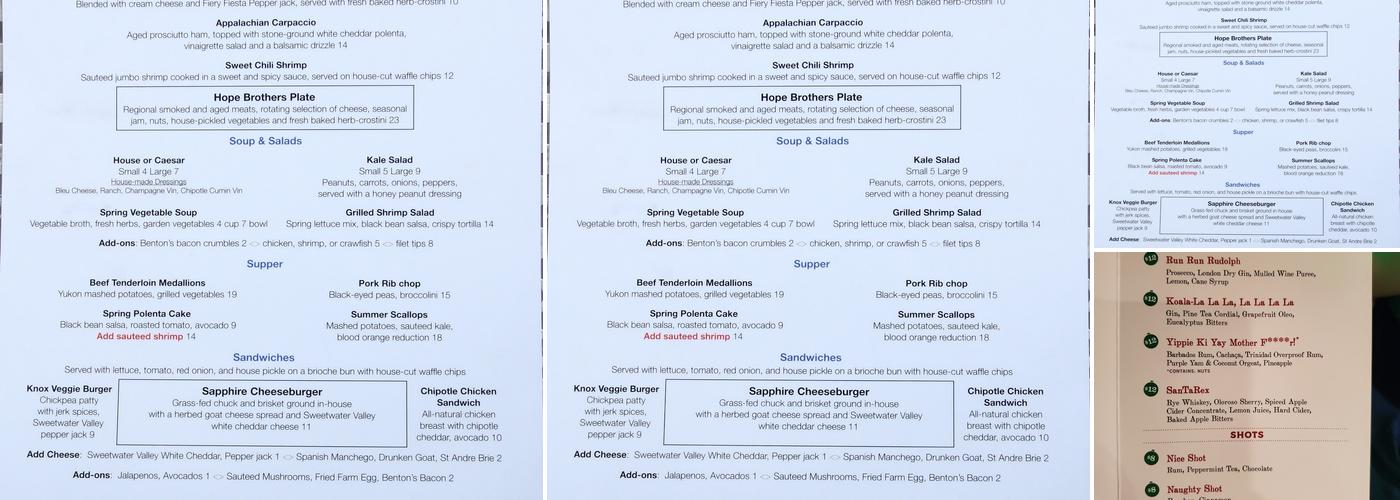 Sapphire: Fine Food and Fancy Drinks Menu