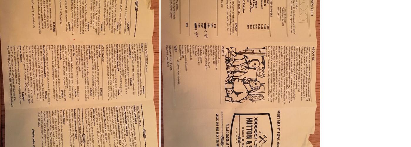 Hutton & Smith Brewing Co. Menu