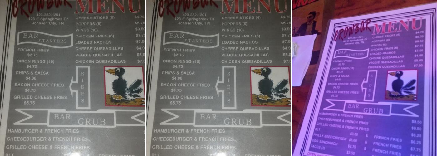 The Crow Bar Menu