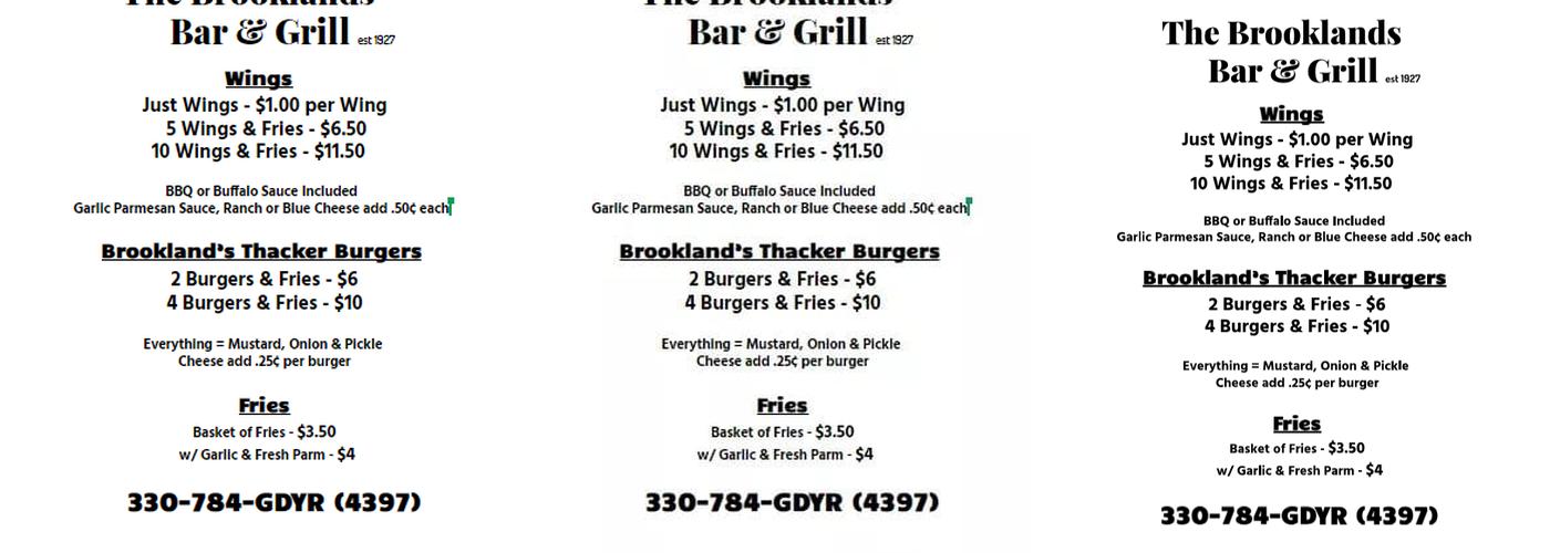 Brooklands Bar Menu